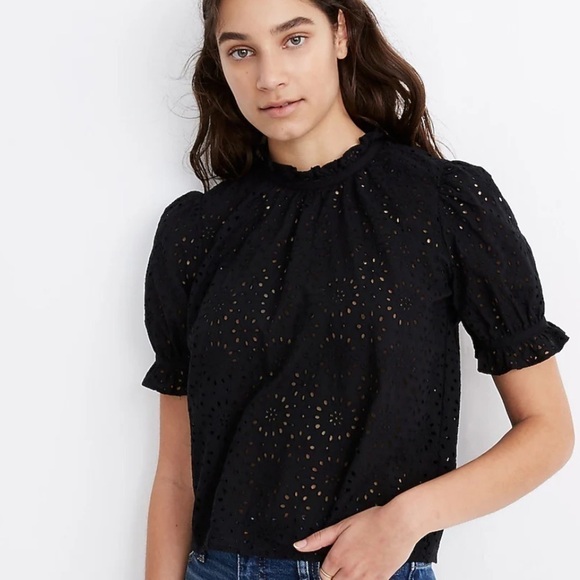 Madewell Black Embroidered Eyelet Ruffle-Neck Keyhole Top Size XXS - Picture 1 of 4